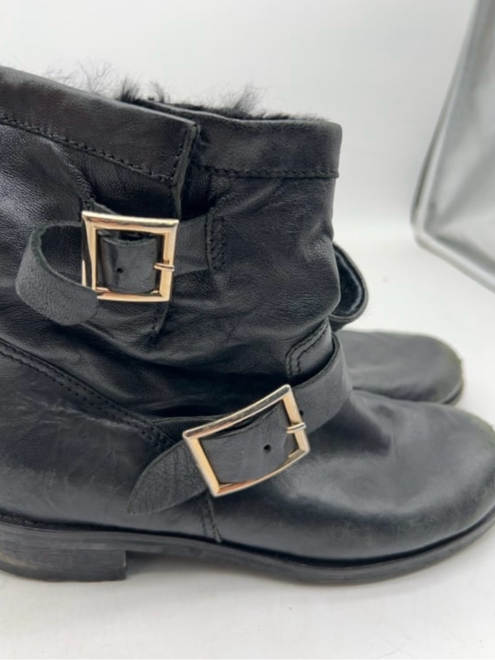 Jimmy Choo London Black Leather Ankle Boots 38.5 Italy Double Buckle Lug Sole